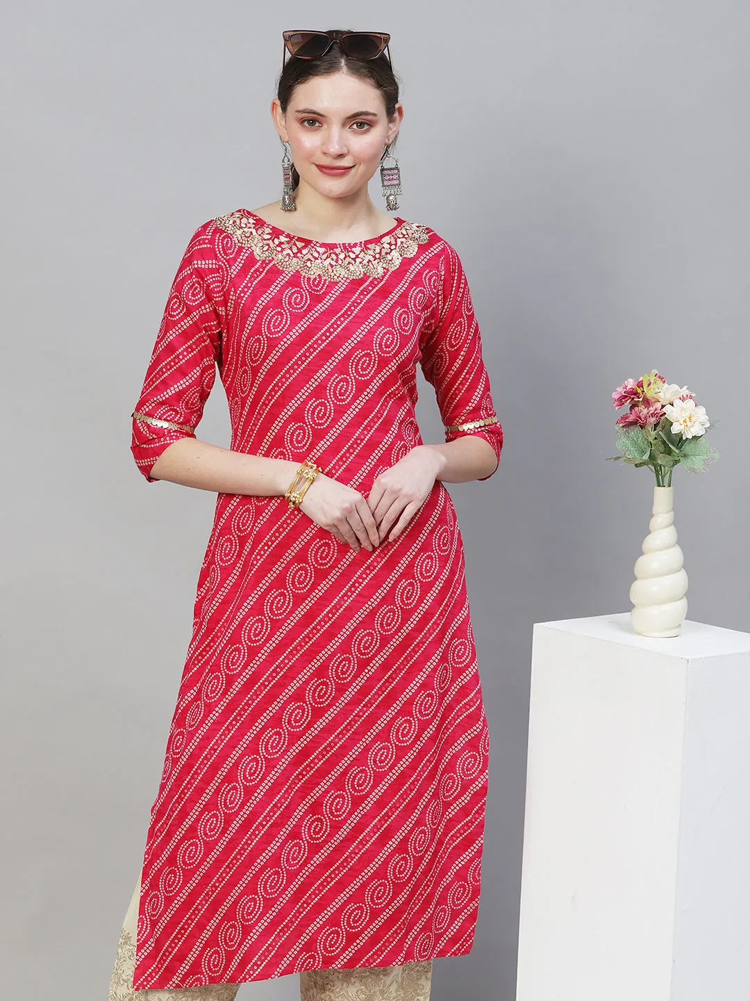 Bandhani Printed & Hand Embroidered Straight Fit Kurta – Magenta