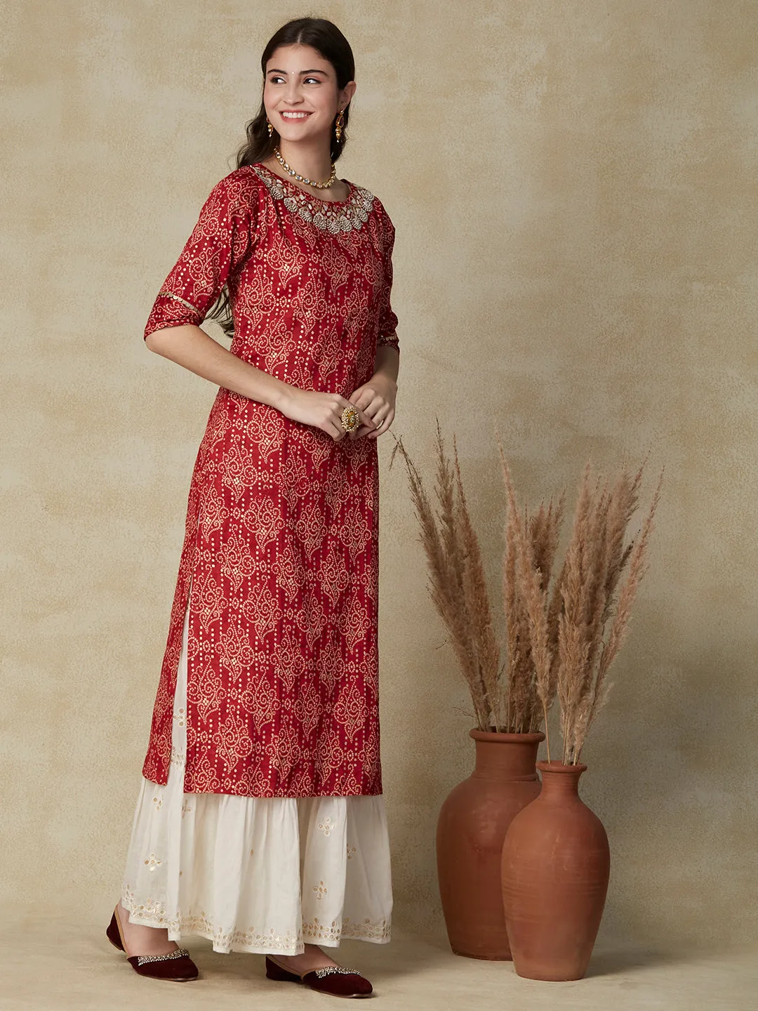 Bandhani Printed & Hand Embroidered Straight Fit Kurta - Red