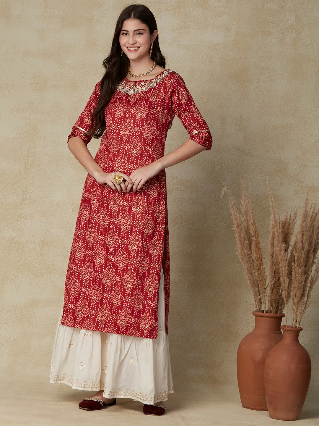 Bandhani Printed & Hand Embroidered Straight Fit Kurta - Red