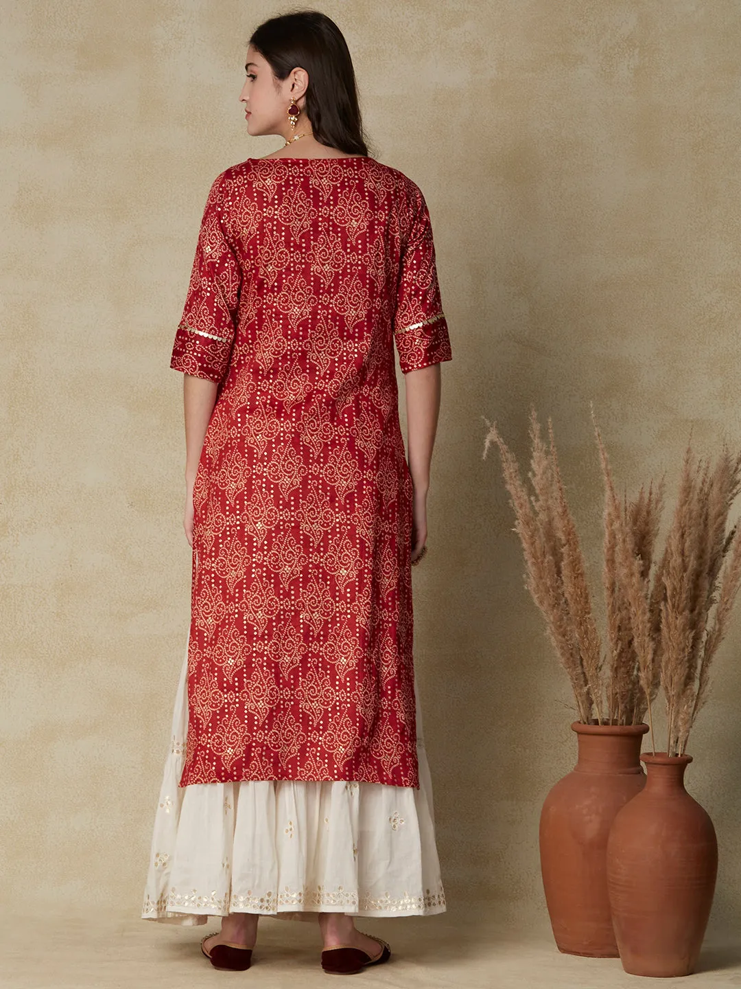 Bandhani Printed & Hand Embroidered Straight Fit Kurta - Red