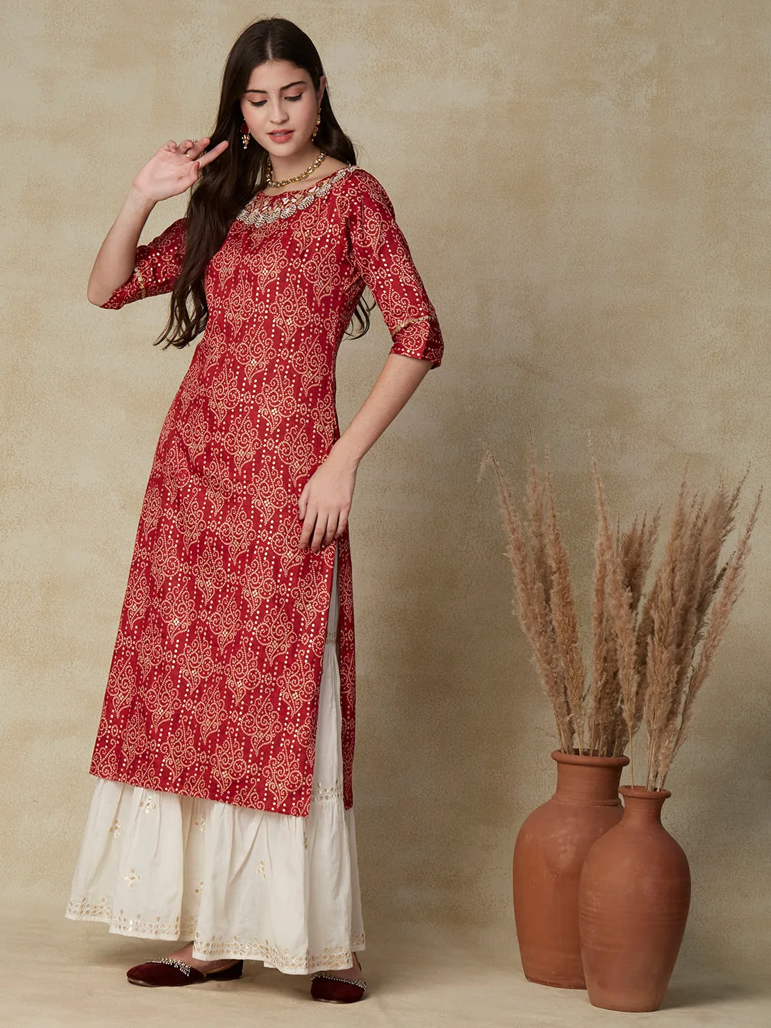 Bandhani Printed & Hand Embroidered Straight Fit Kurta - Red