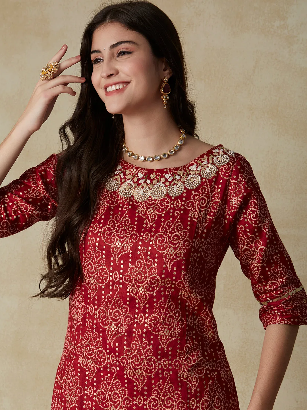 Bandhani Printed & Hand Embroidered Straight Fit Kurta - Red