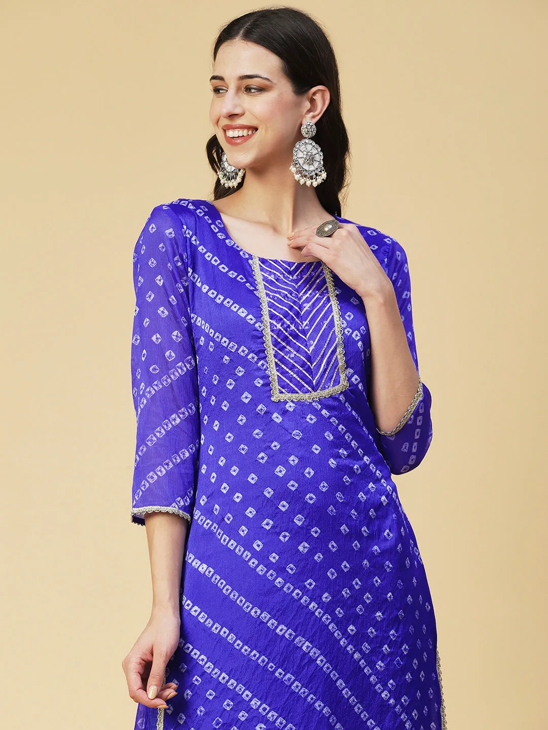 Bandhani Printed Kurta With Pants & Bandhani Dupatta - Blue