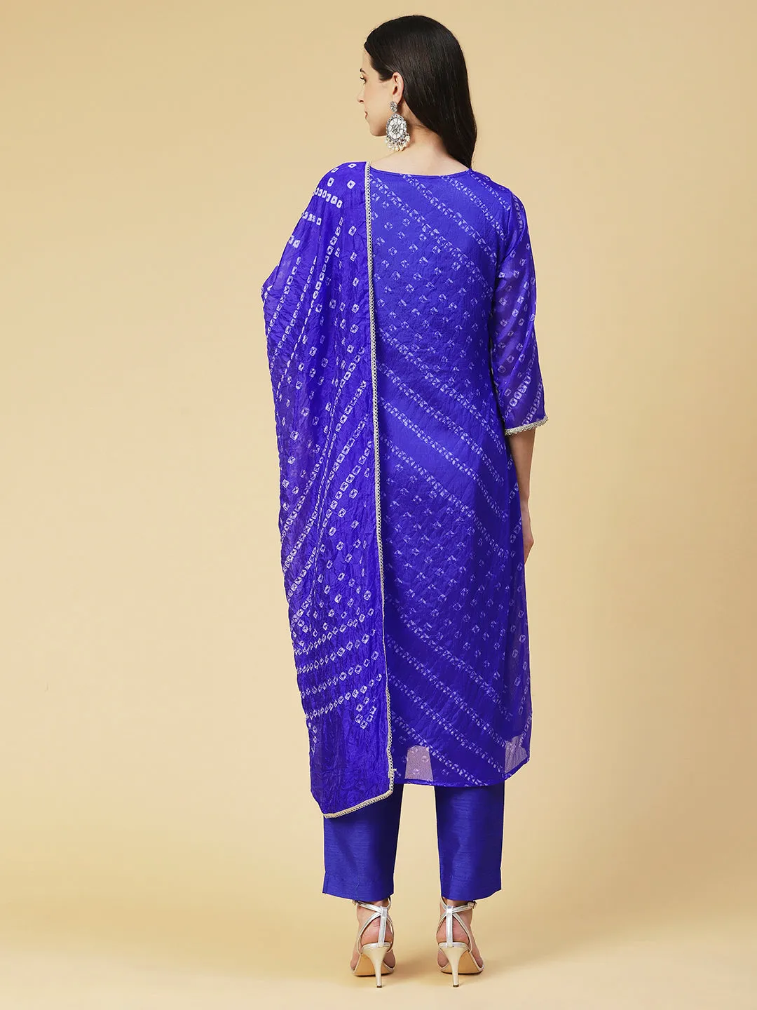 Bandhani Printed Kurta With Pants & Bandhani Dupatta - Blue