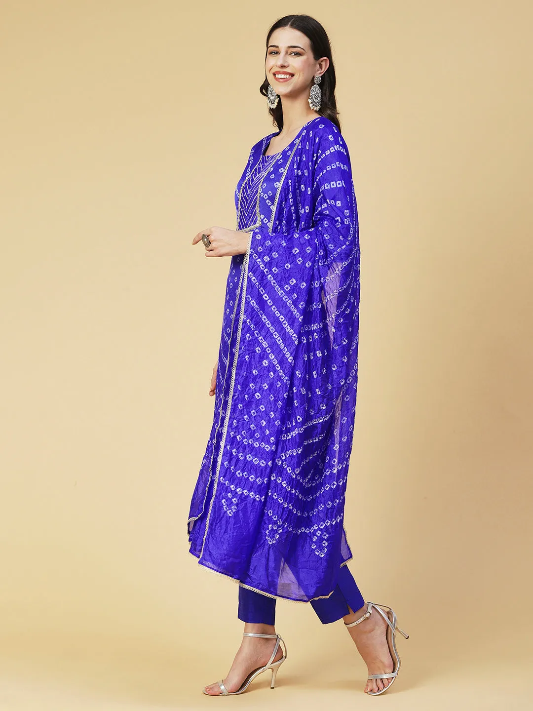 Bandhani Printed Kurta With Pants & Bandhani Dupatta - Blue