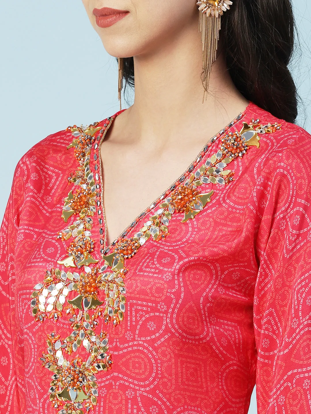 Bandhani Printed Mirror Embroidered Kurta With Pants - Red