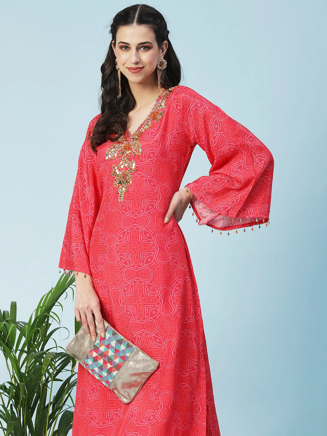 Bandhani Printed Mirror Embroidered Kurta With Pants - Red