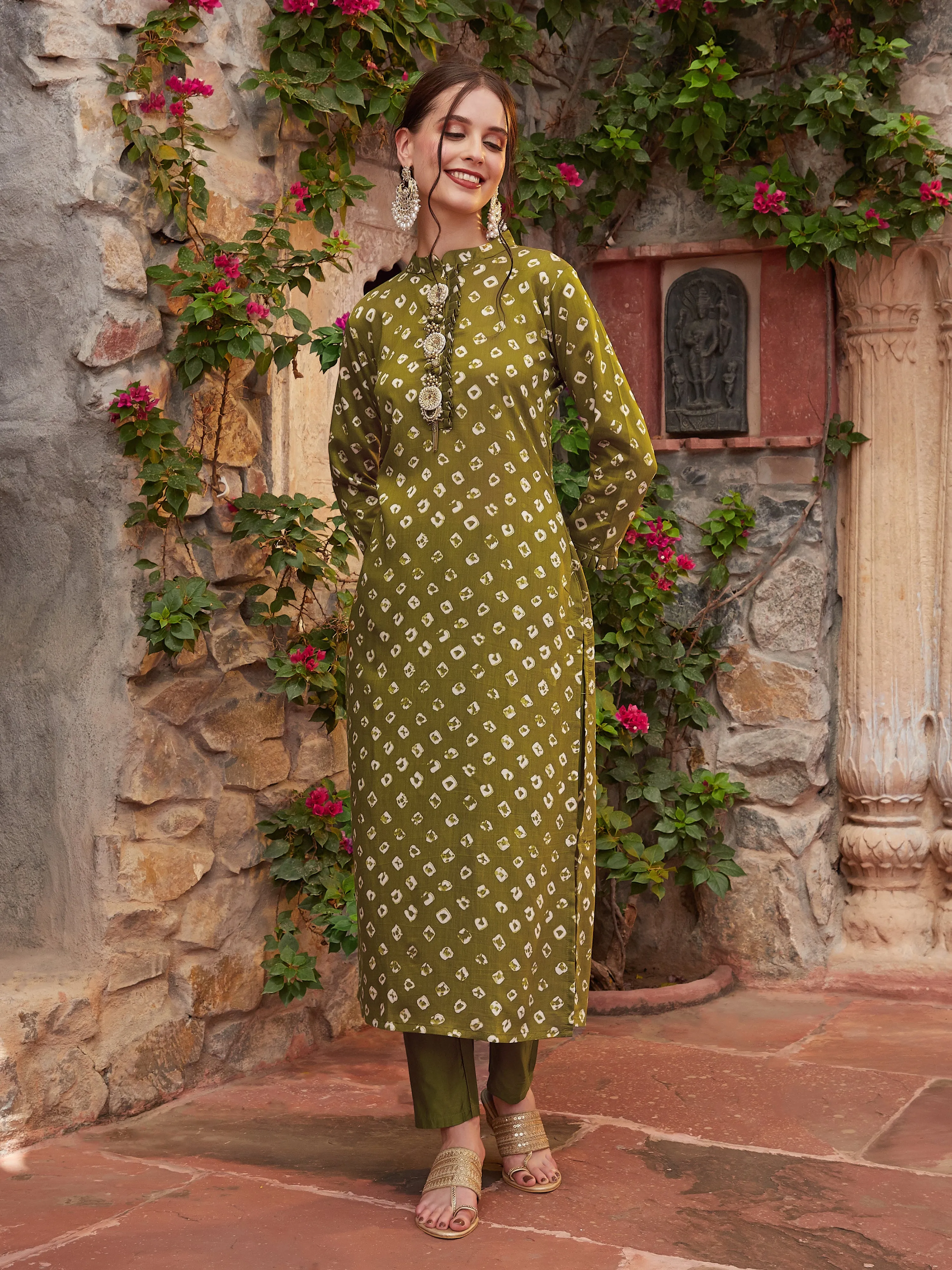 Bandhani Printed Stone, Zari, Beads & Pearl Embroidered Kurta with Pants - Olive Green