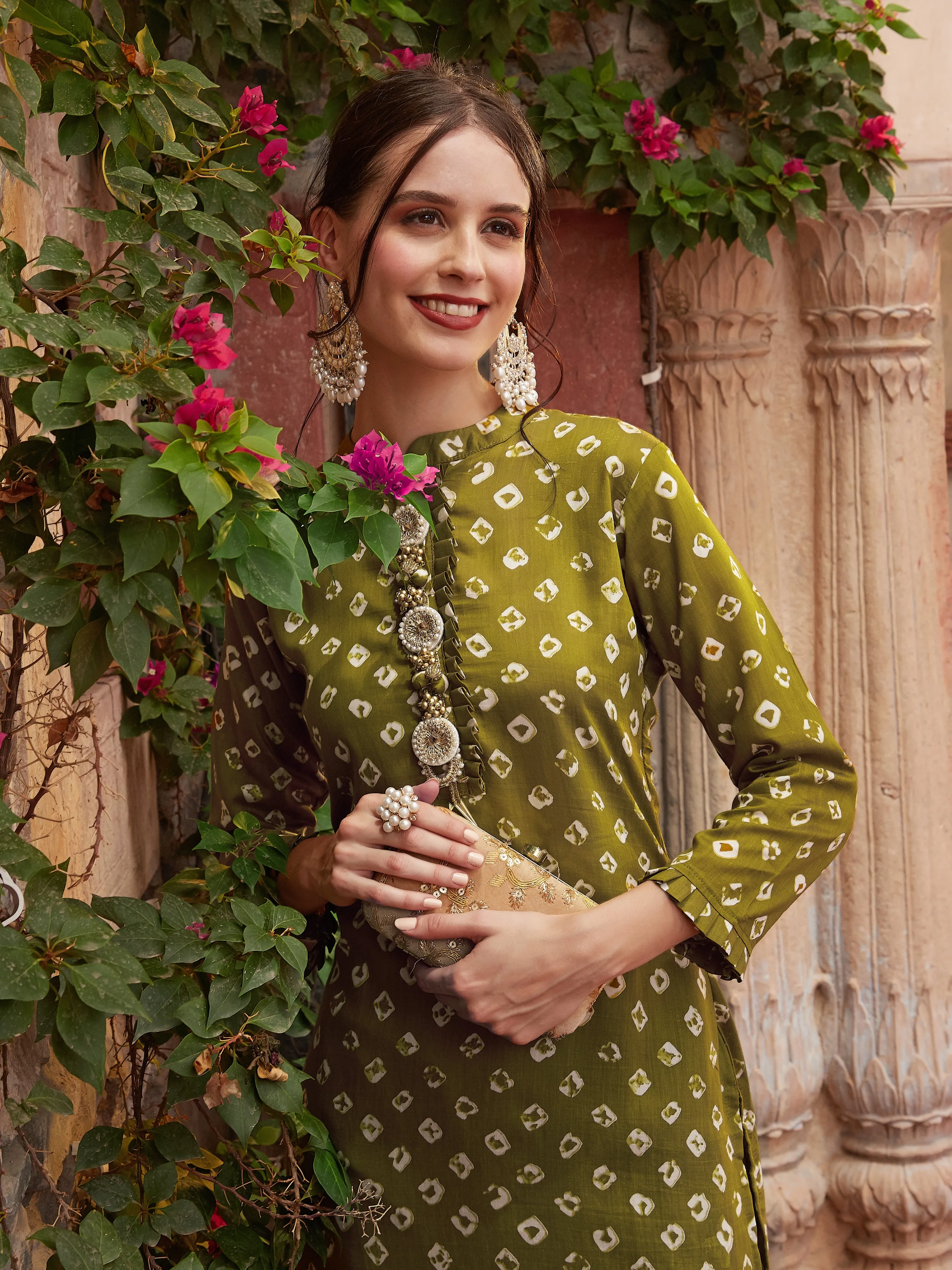 Bandhani Printed Stone, Zari, Beads & Pearl Embroidered Kurta with Pants - Olive Green