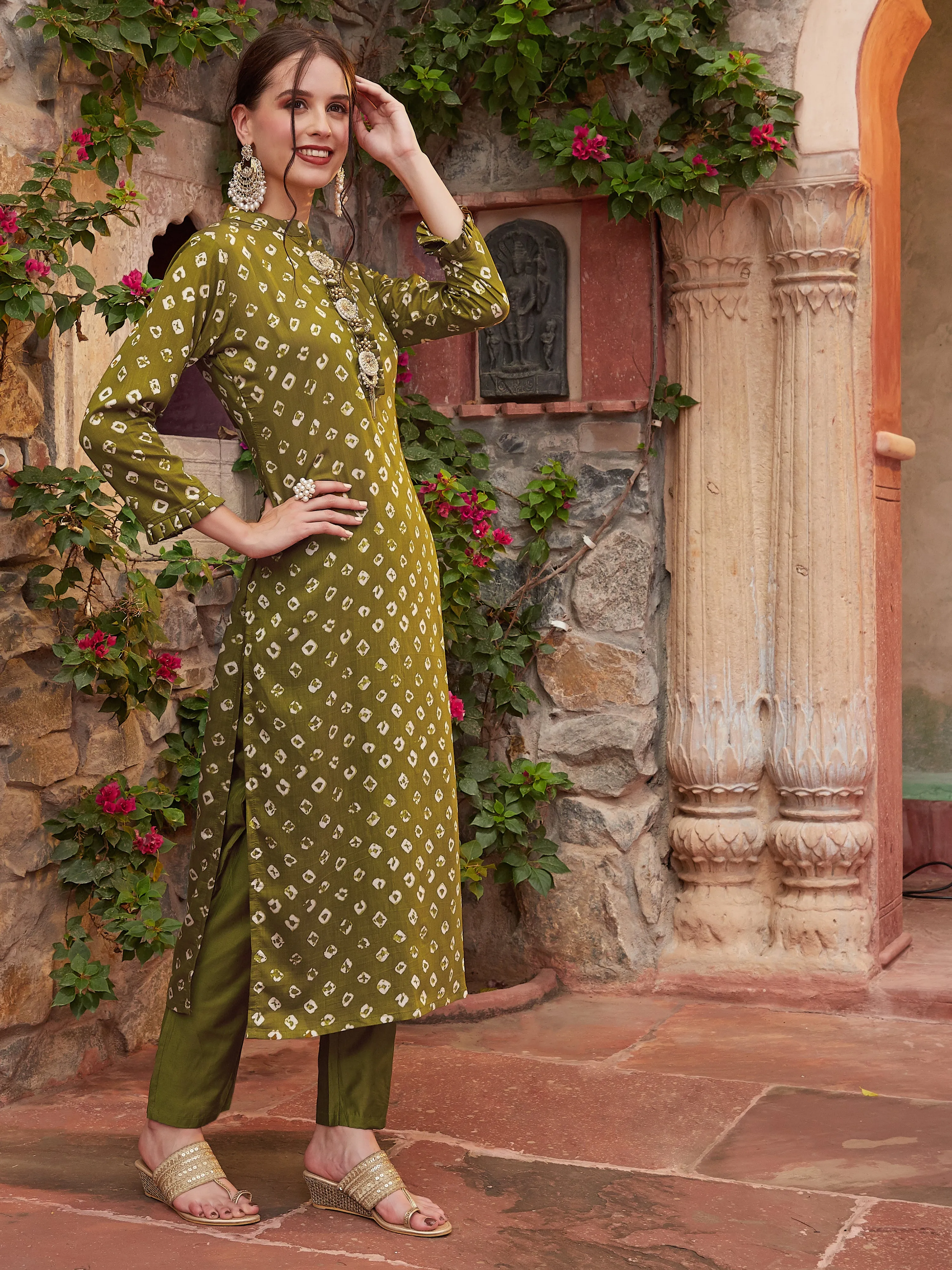 Bandhani Printed Stone, Zari, Beads & Pearl Embroidered Kurta with Pants - Olive Green