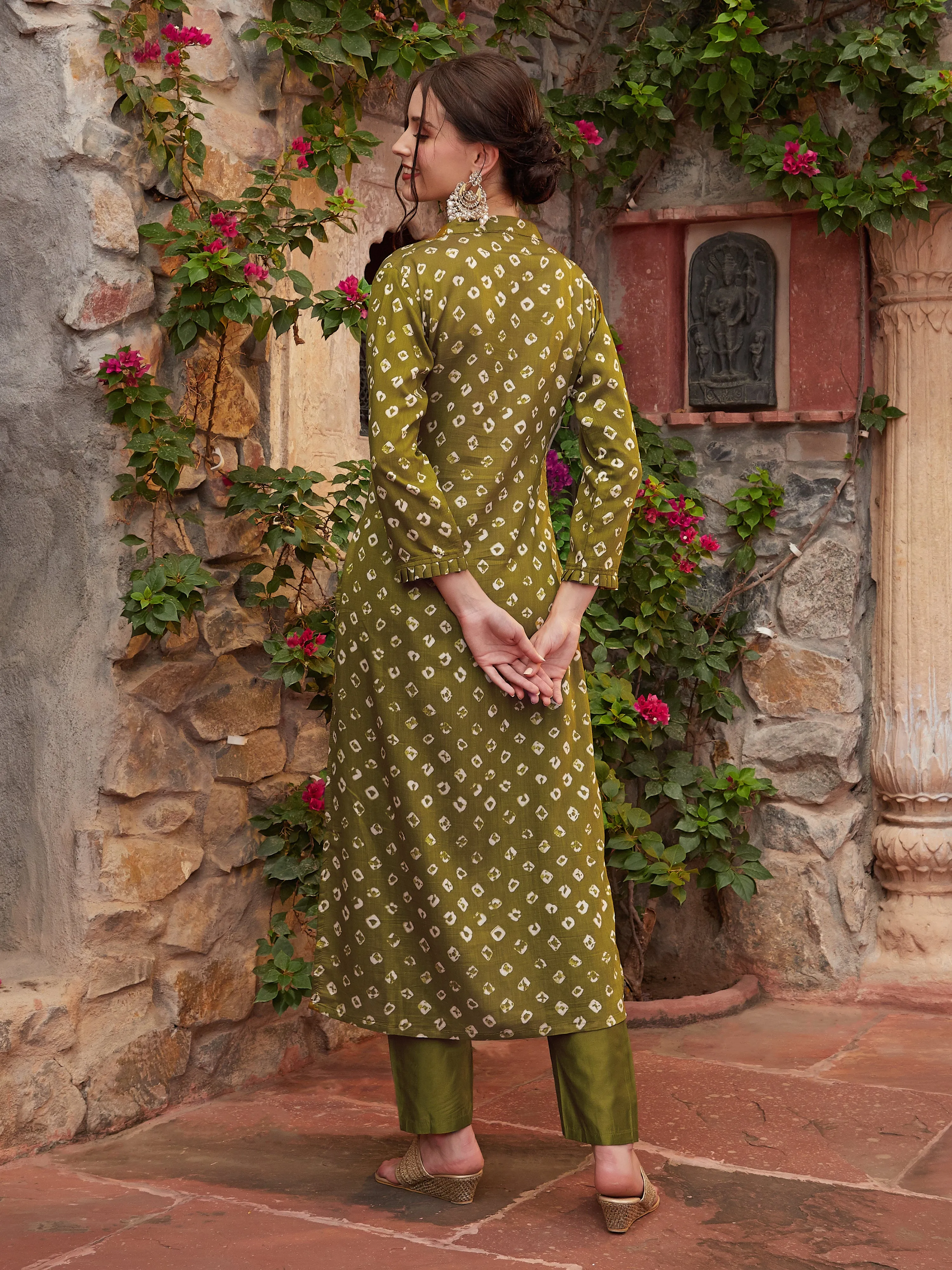 Bandhani Printed Stone, Zari, Beads & Pearl Embroidered Kurta with Pants - Olive Green