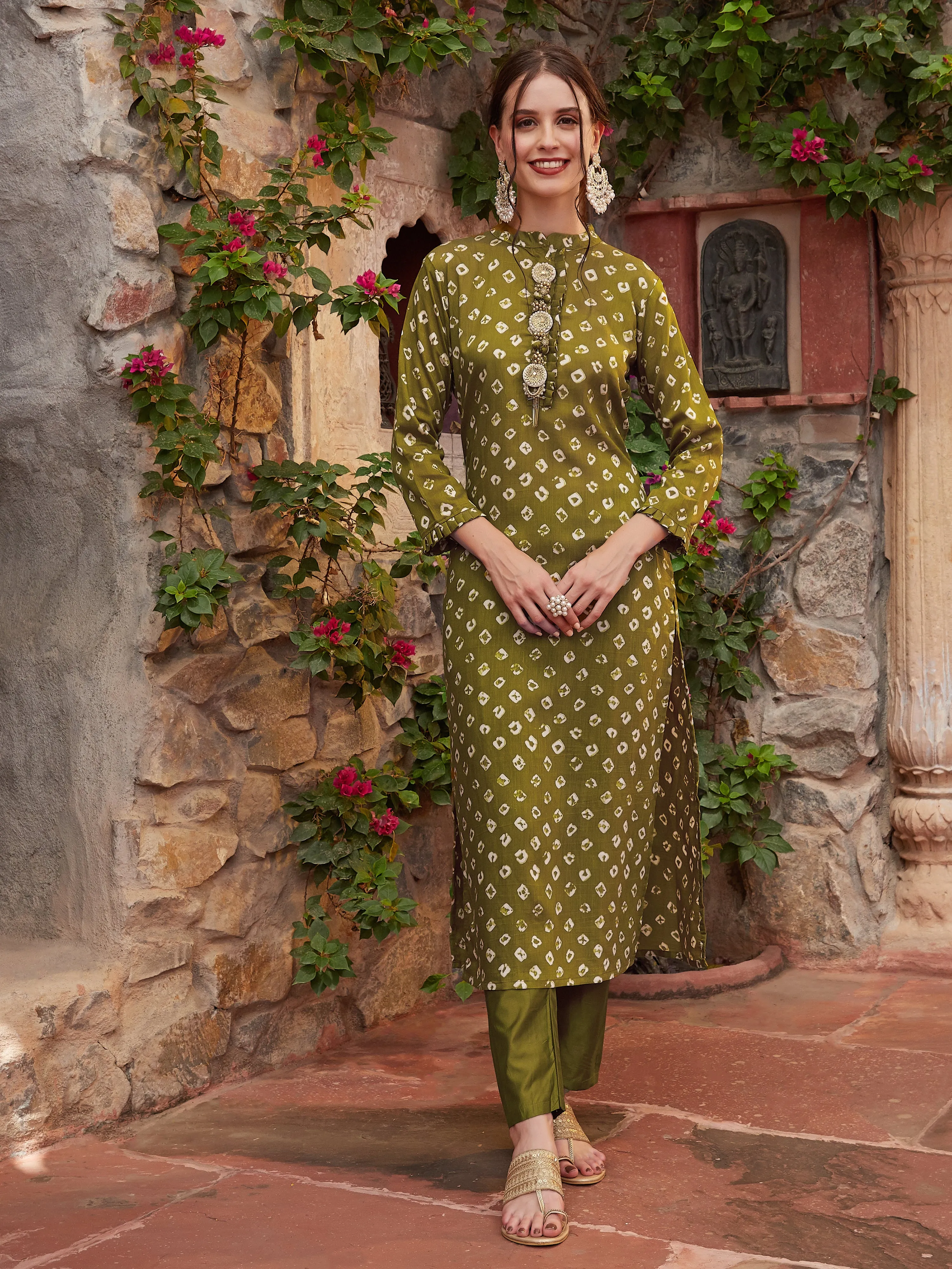 Bandhani Printed Stone, Zari, Beads & Pearl Embroidered Kurta with Pants - Olive Green