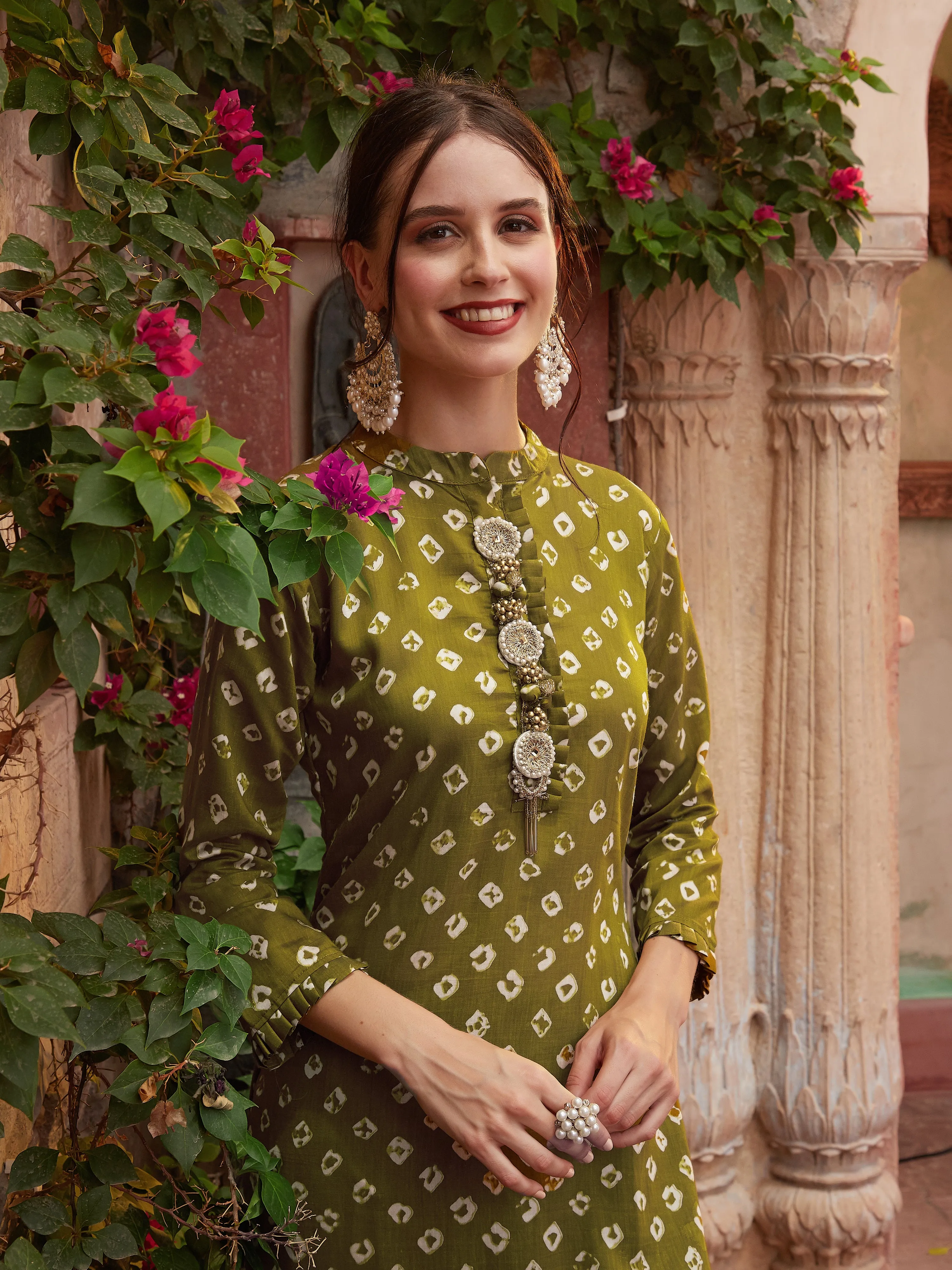 Bandhani Printed Stone, Zari, Beads & Pearl Embroidered Kurta with Pants - Olive Green