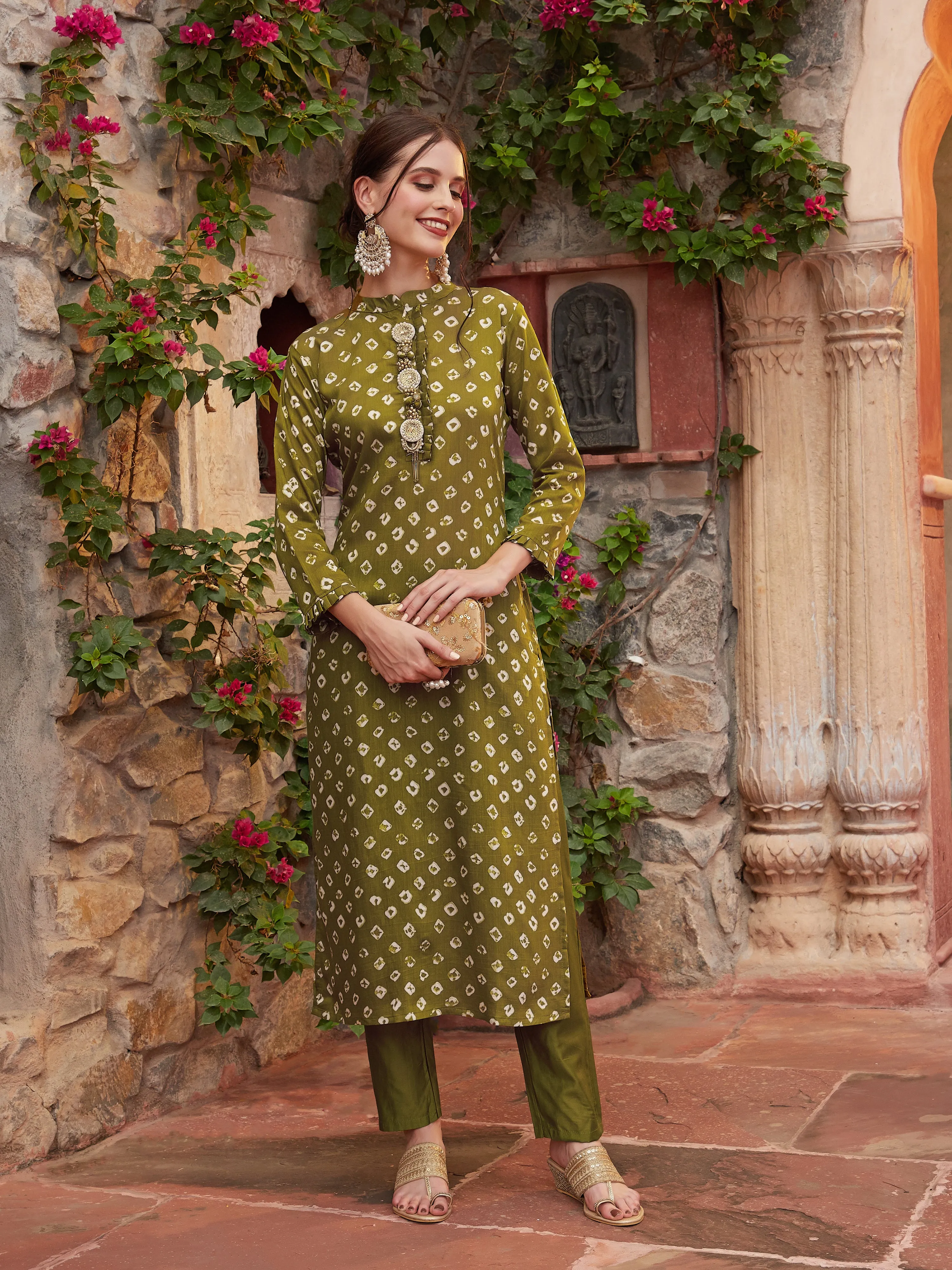 Bandhani Printed Stone, Zari, Beads & Pearl Embroidered Kurta with Pants - Olive Green