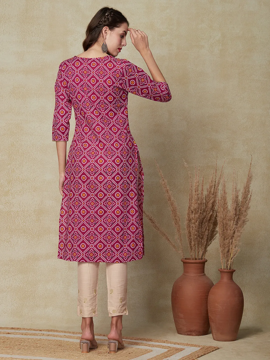 Bandhani Printed Zari Dori & Sequins Embroidered Kurta - Magenta