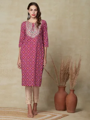 Bandhani Printed Zari Dori & Sequins Embroidered Kurta - Magenta