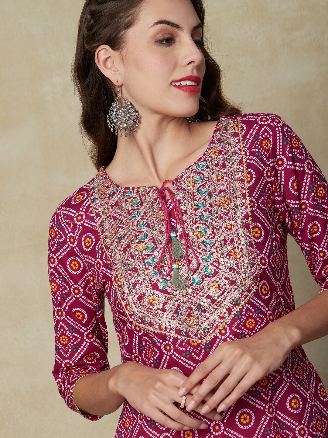 Bandhani Printed Zari Dori & Sequins Embroidered Kurta - Magenta