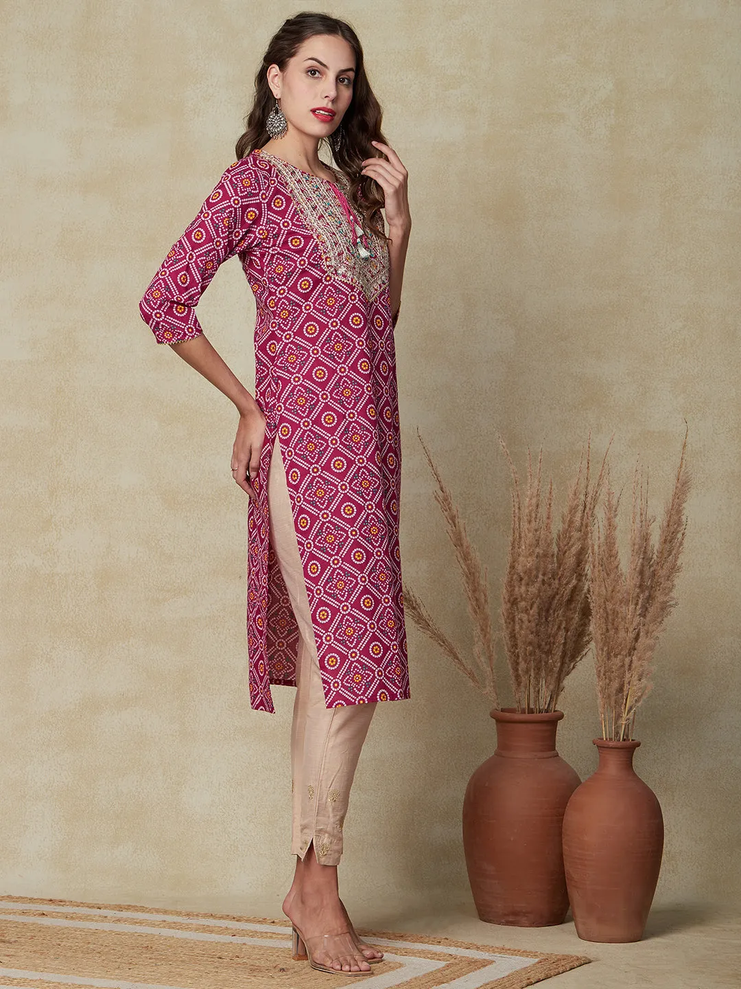 Bandhani Printed Zari Dori & Sequins Embroidered Kurta - Magenta