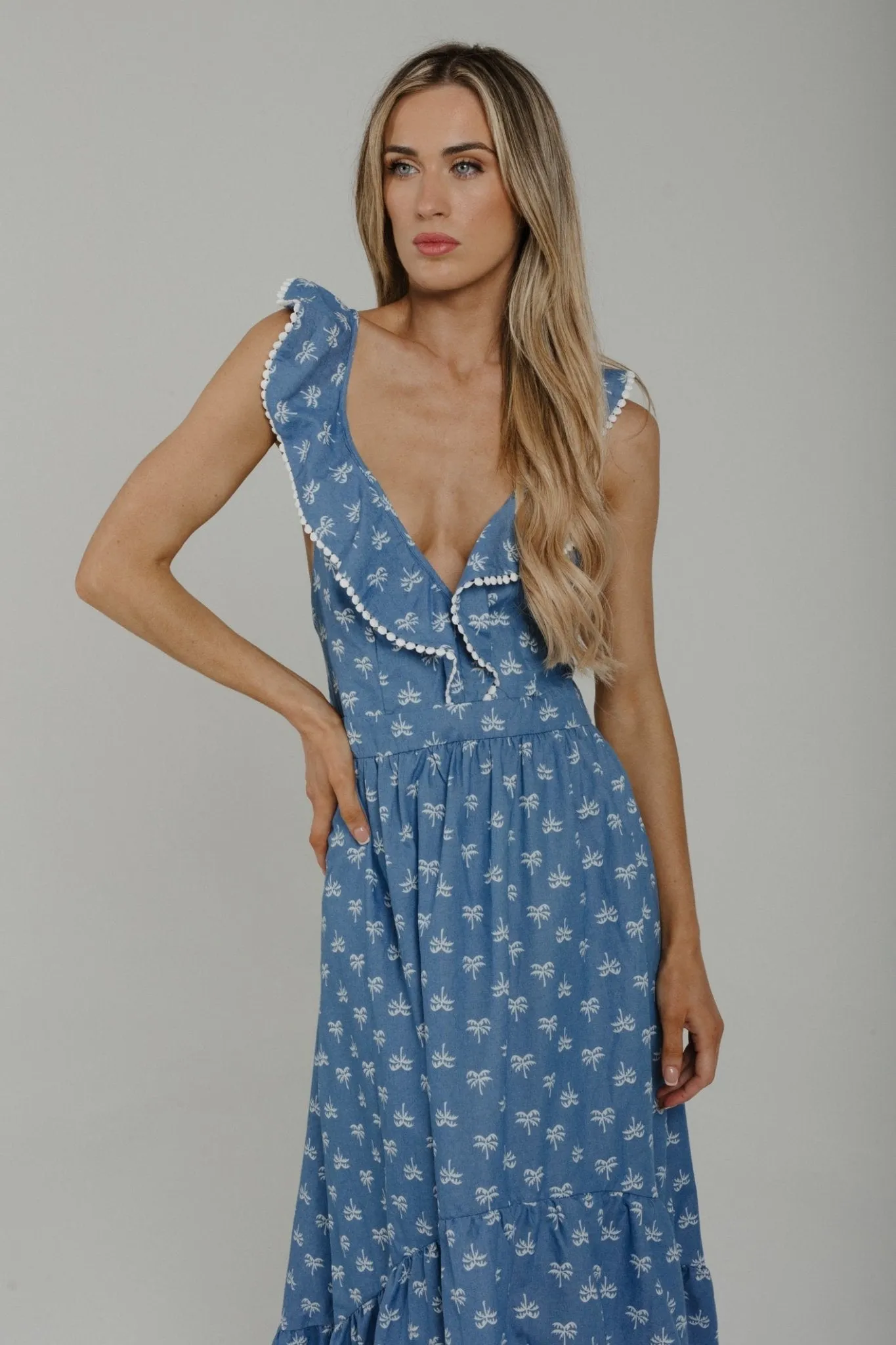 Becca Dip Hem Midi Dress In Denim