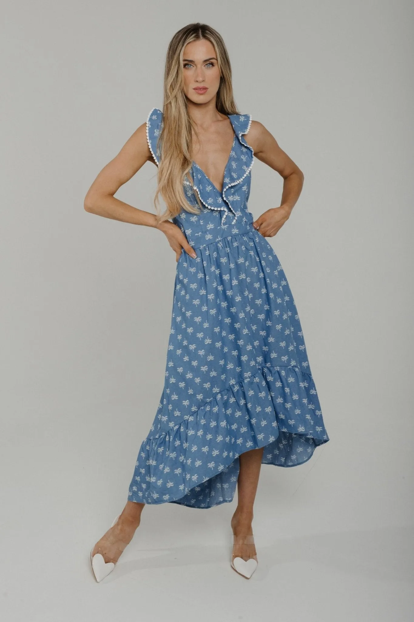 Becca Dip Hem Midi Dress In Denim