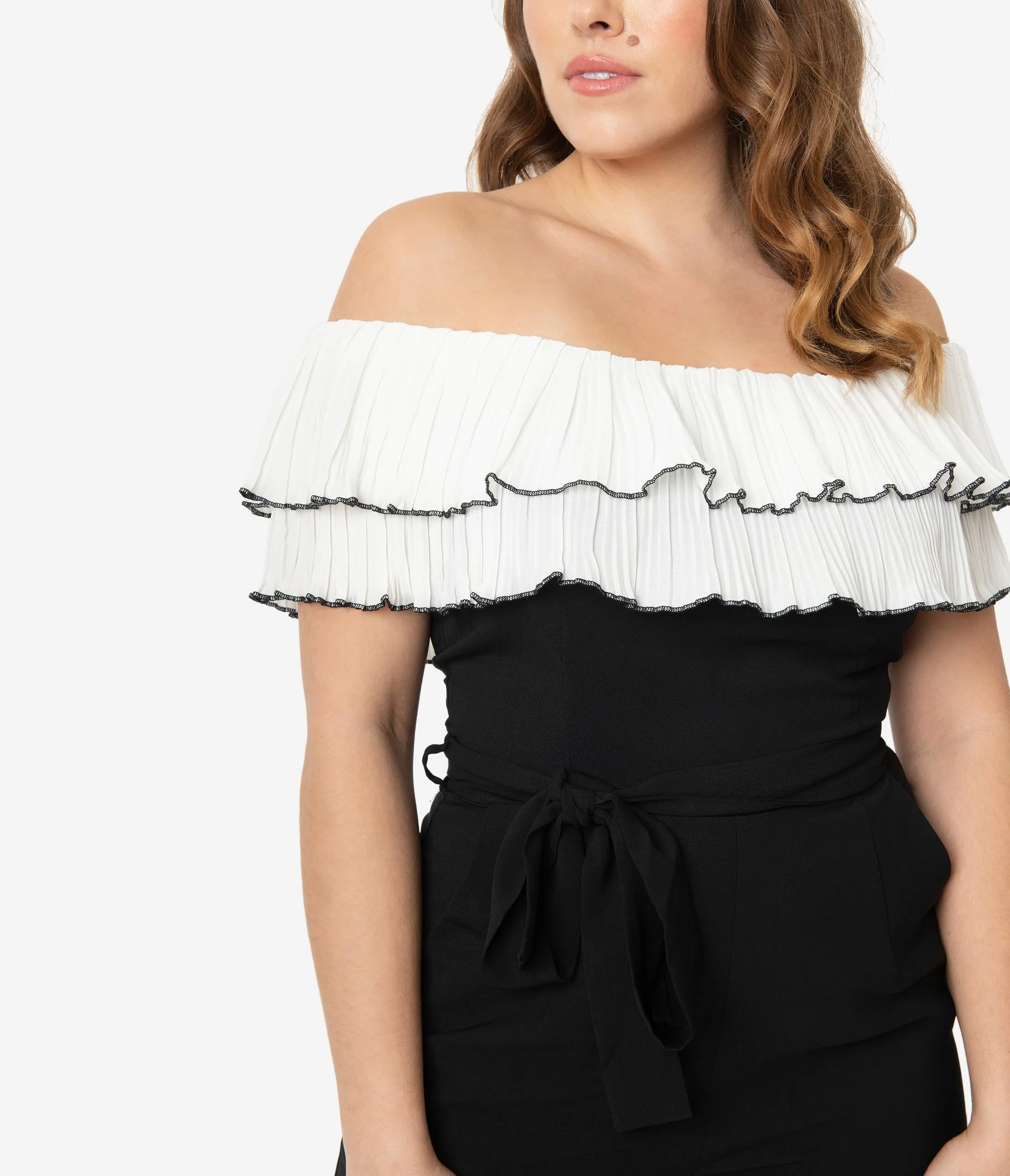 Black & White Off Shoulder Ruffle Jumpsuit