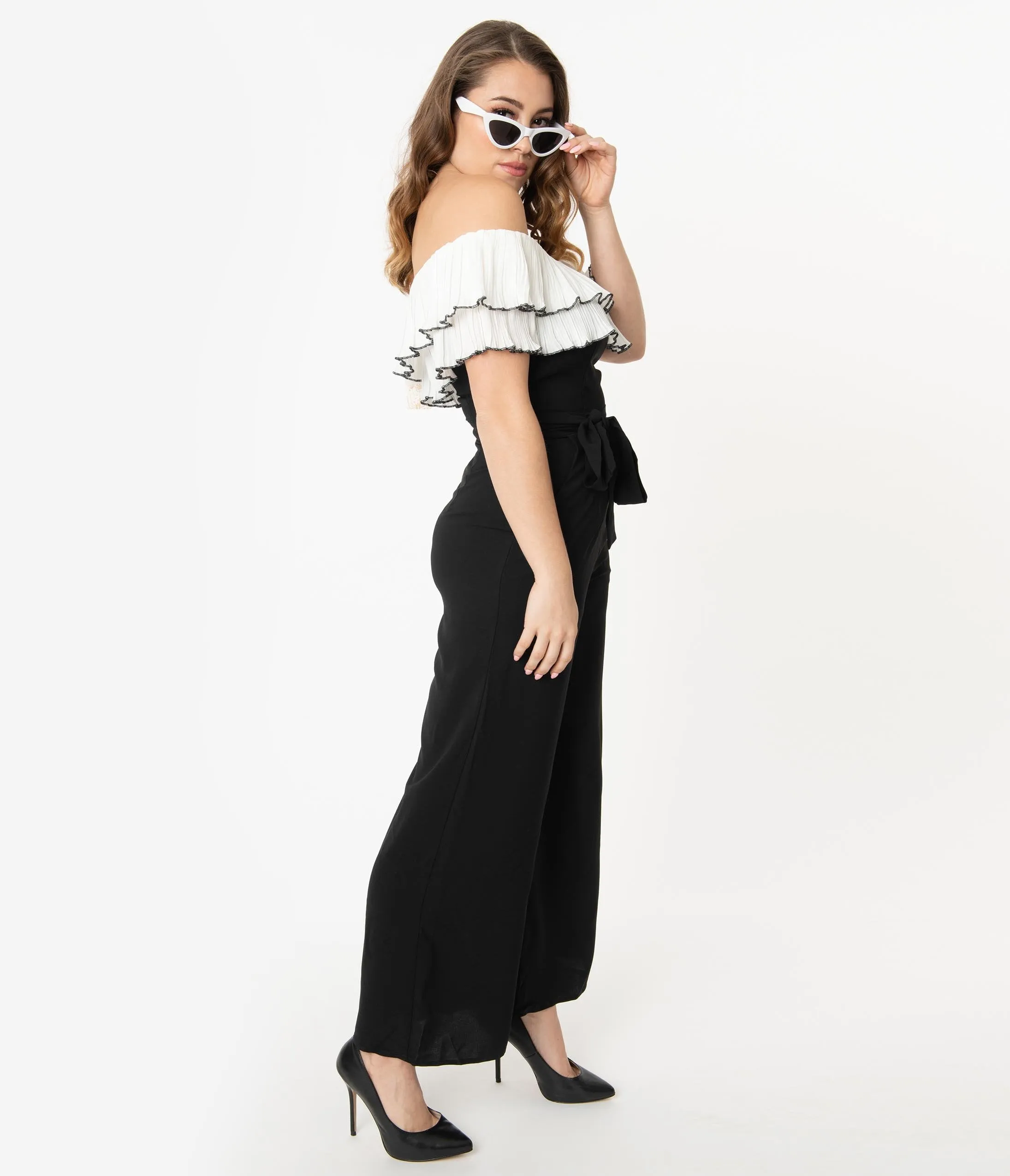 Black & White Off Shoulder Ruffle Jumpsuit