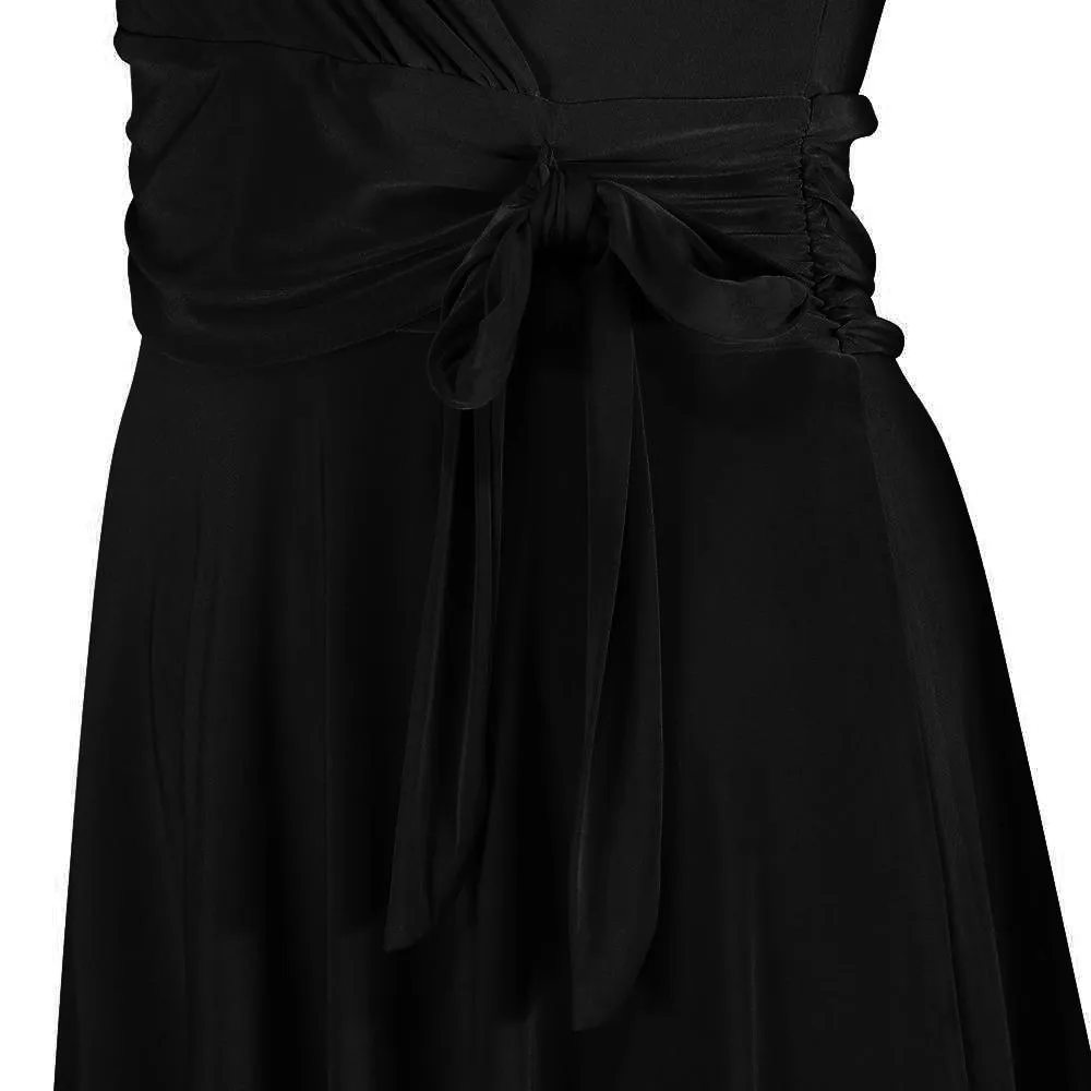 Black Cap Sleeve Crossover V Neck Wrap Top Swing Dress