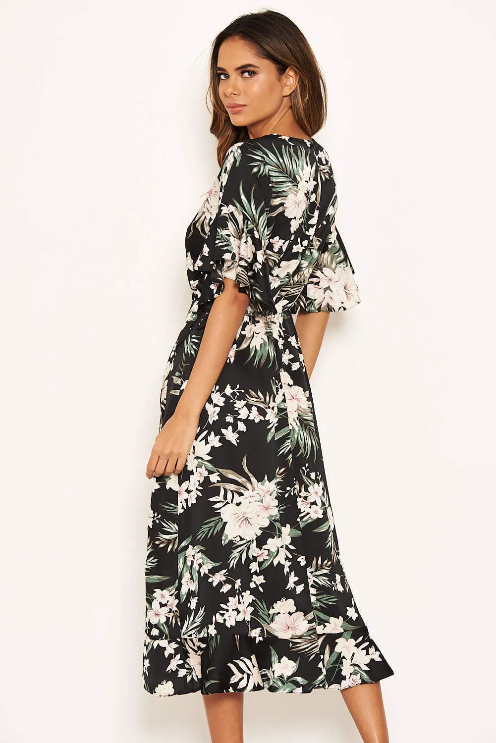 Black Floral Frill Wrap Midi Dress