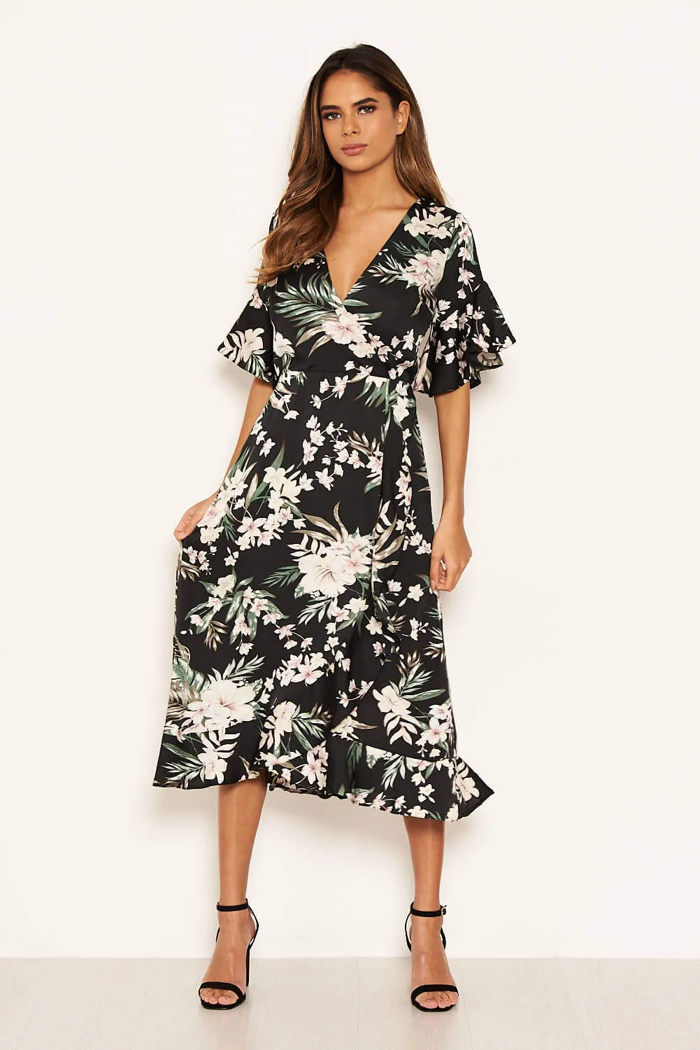 Black Floral Frill Wrap Midi Dress