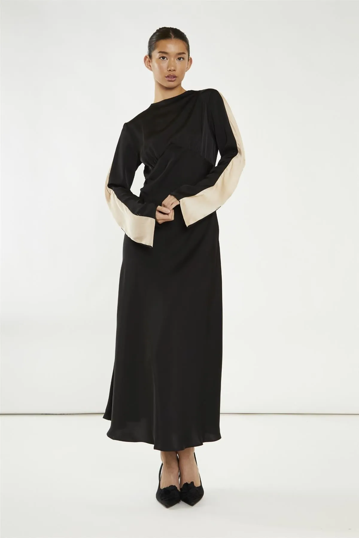 Black-Nude Waterfall Ruffle Maxi-Dress