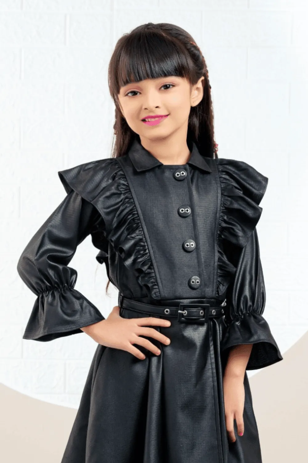 Black Partywear Short Frock For Girls with Belt