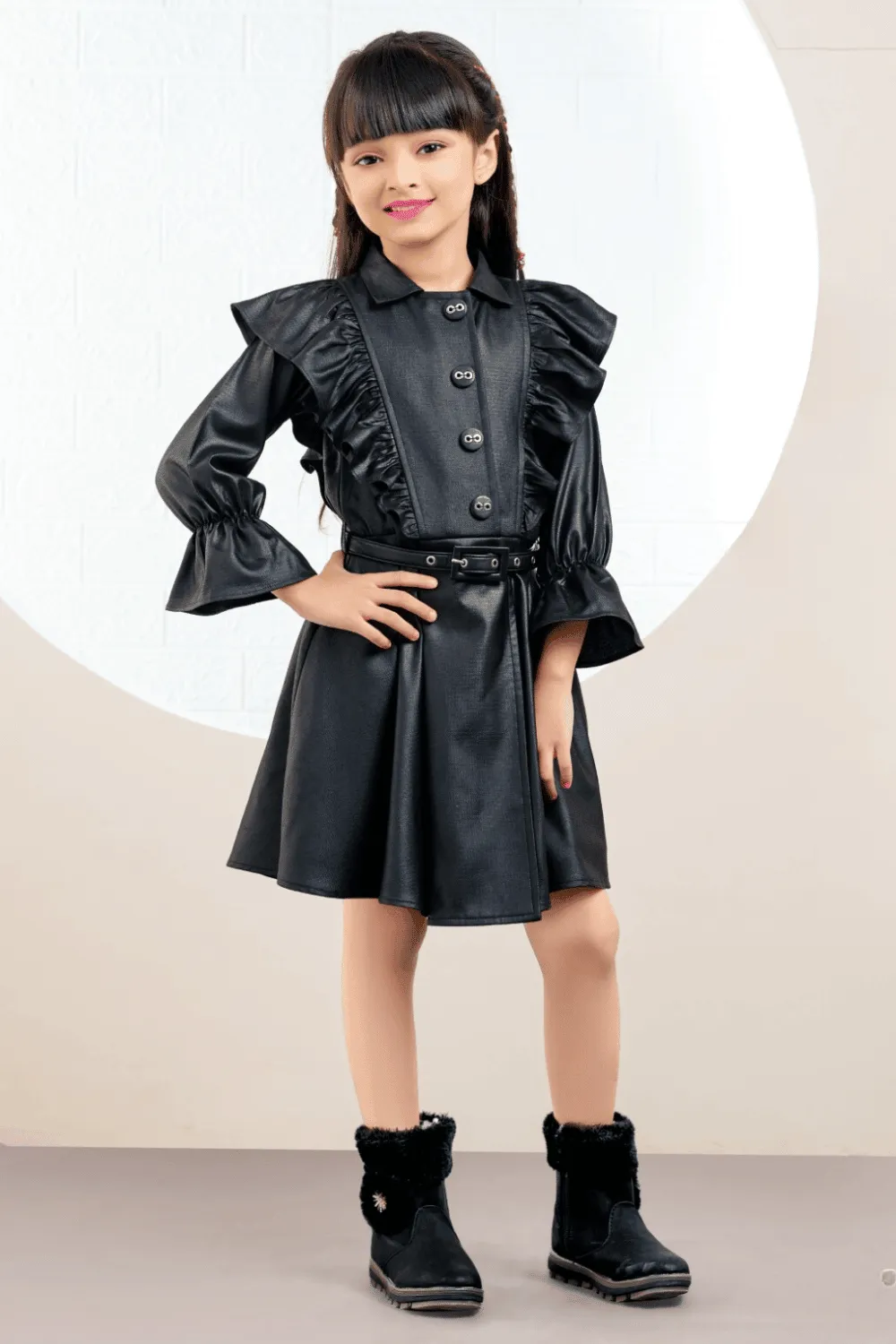 Black Partywear Short Frock For Girls with Belt