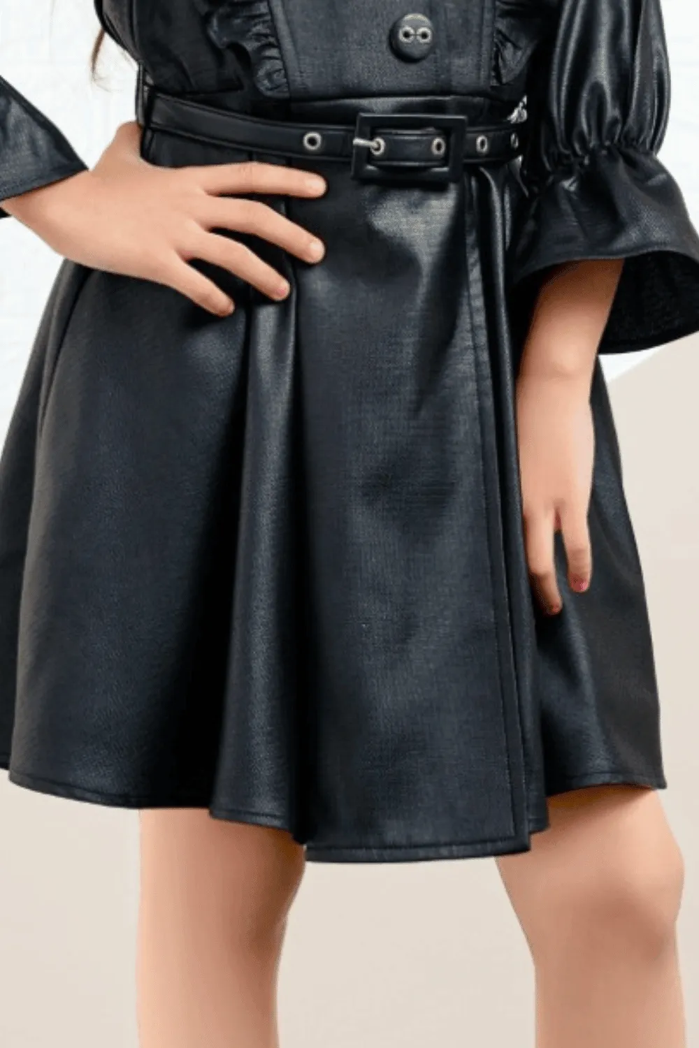 Black Partywear Short Frock For Girls with Belt