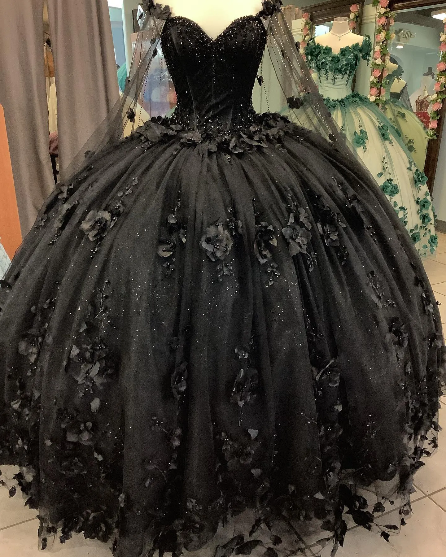 Black Quinceanera Dresses with Flowers Long Sweet 16 Dresses