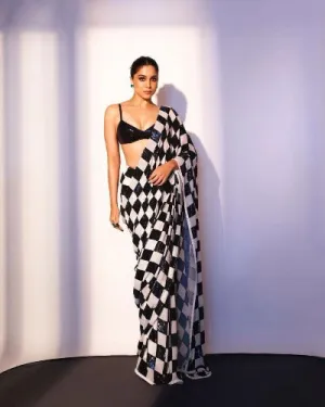 Black White Checks Georgette Saree