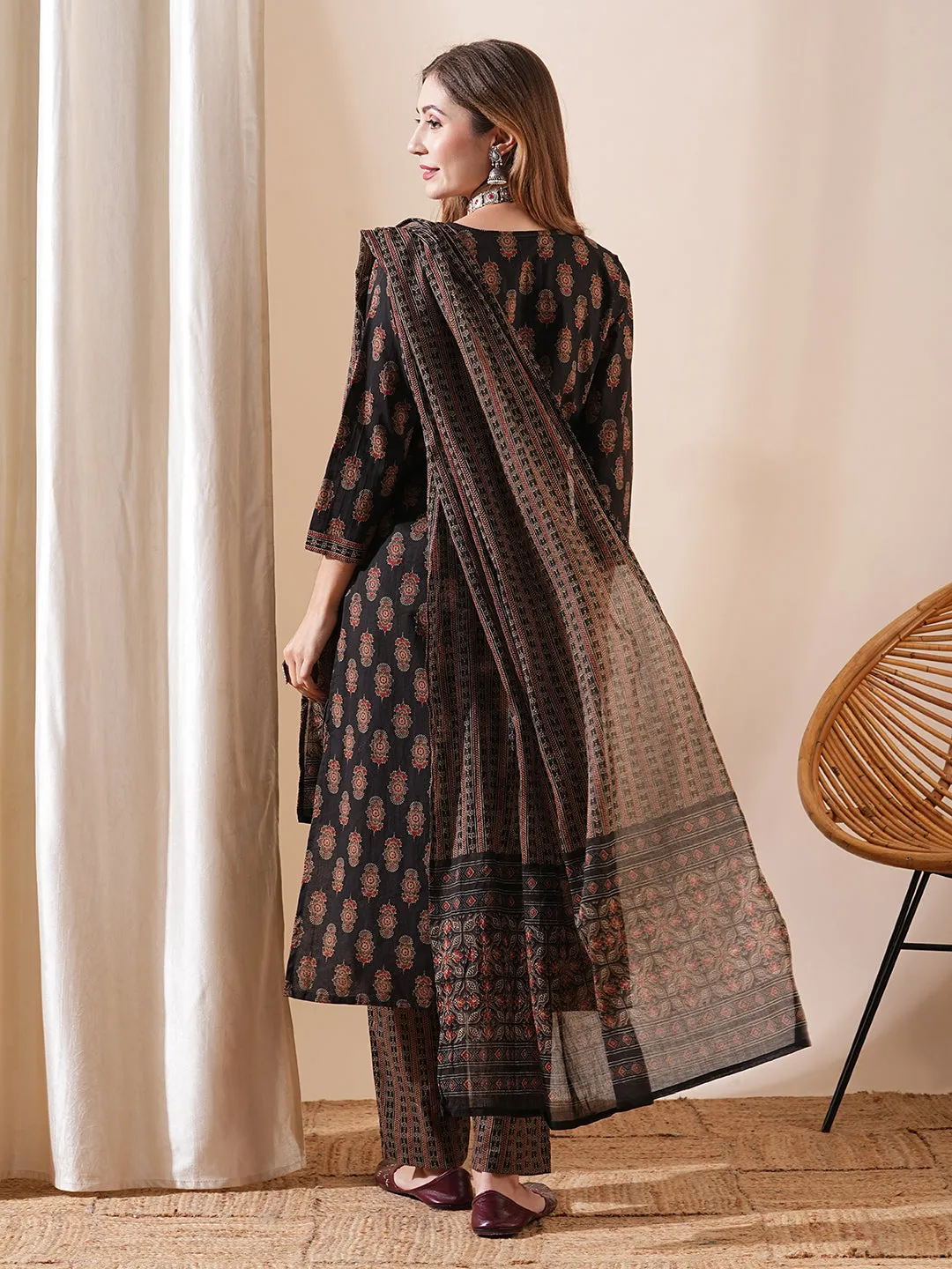 Block Printed Beads & Sequins Embellished Kurta with Pants & Dupatta - Coffee Brown