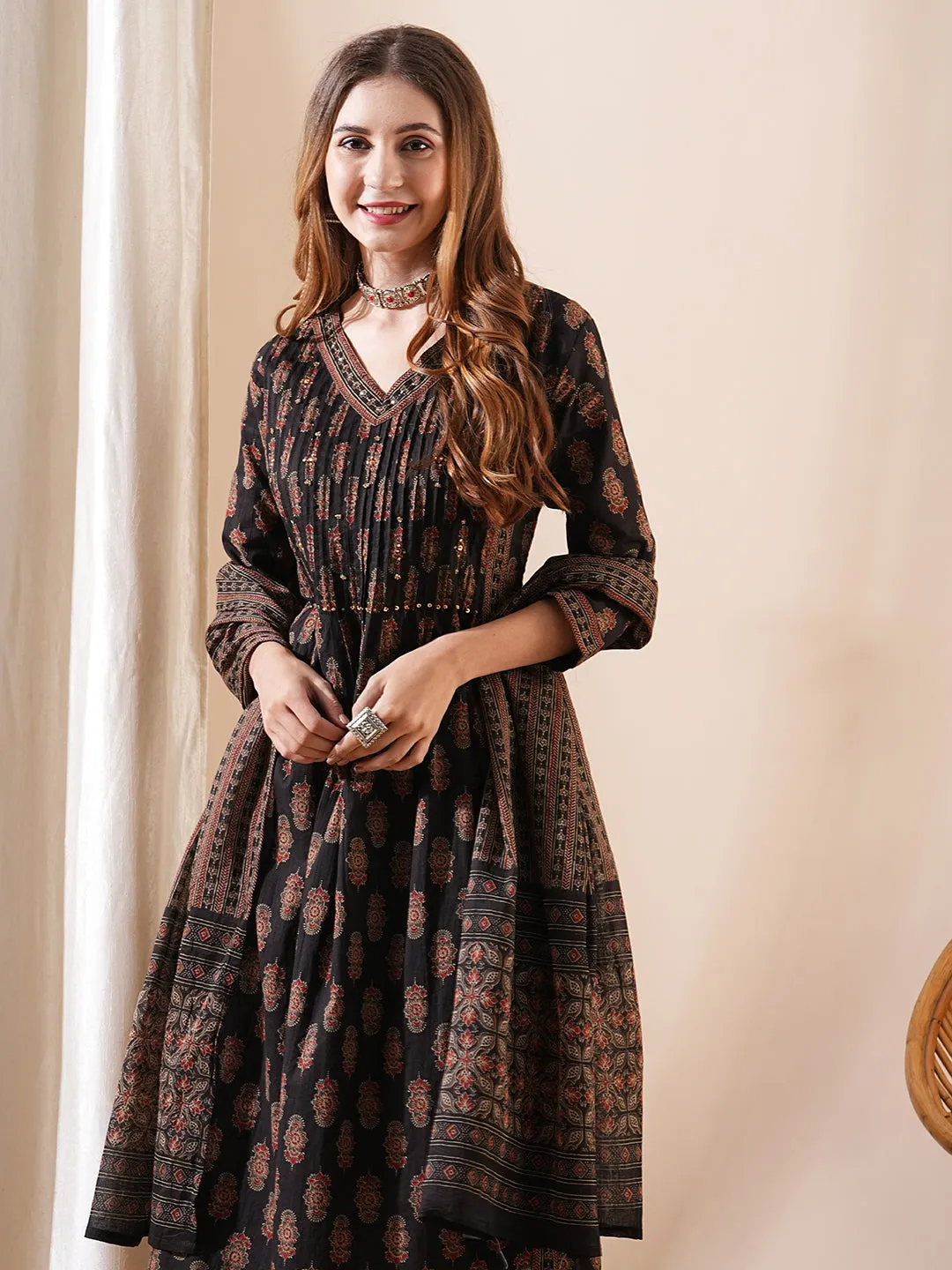 Block Printed Beads & Sequins Embellished Kurta with Pants & Dupatta - Coffee Brown