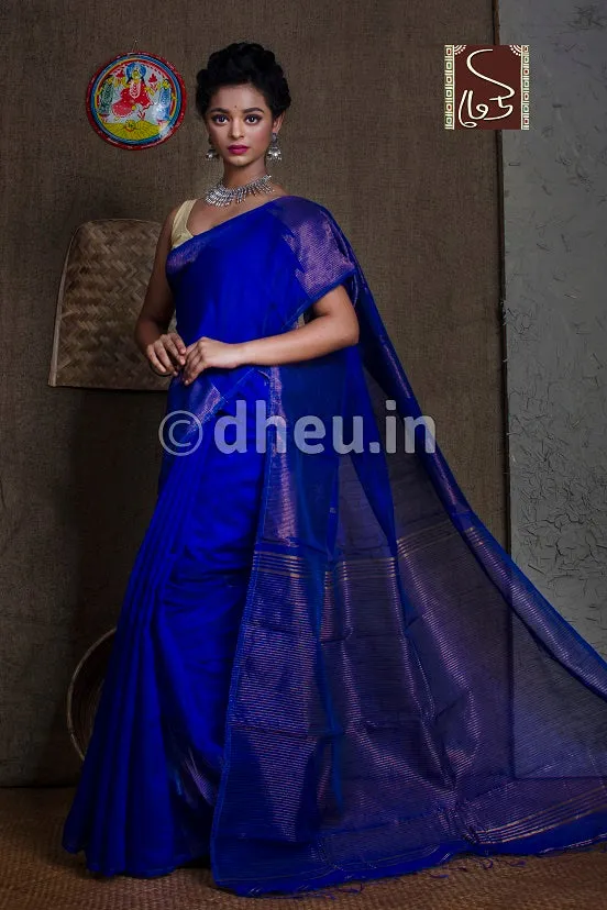 Blue  Handloom Silk Cotton Zaripar