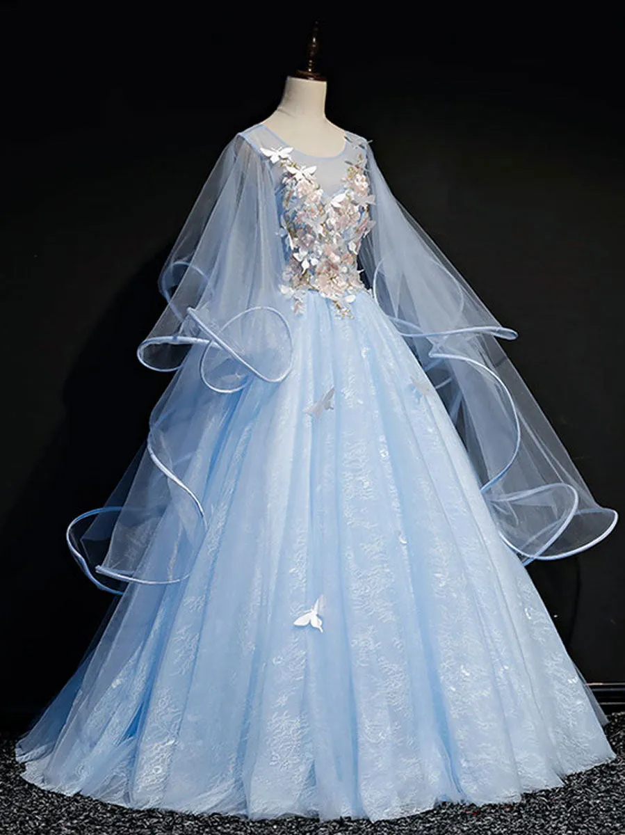 Blue Round Neck Tulle Lace Long Prom Dresses, Blue Sweet 16 Dresses