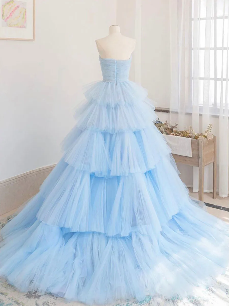 Blue Tulle Long Prom Dress Blue Tulle Ball Gown Evening Dresses