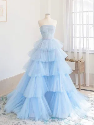 Blue Tulle Long Prom Dress Blue Tulle Ball Gown Evening Dresses