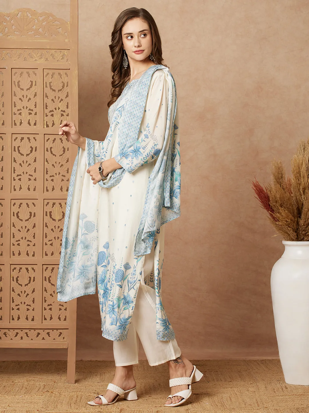 Botanical Floral Printed & Sequined Straight Kurta with Pant & Dupatta - Off White