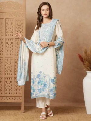 Botanical Floral Printed & Sequined Straight Kurta with Pant & Dupatta - Off White