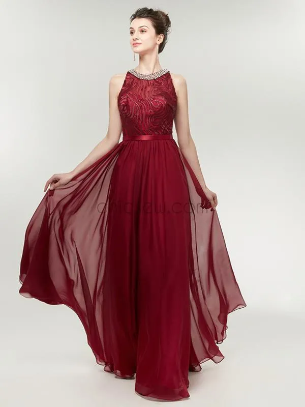 Burgundy A-line Chiffon Sleeveless Beaded Lace Top Bridesmaid Dresses, YKX037