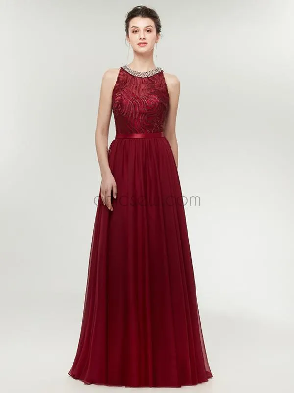 Burgundy A-line Chiffon Sleeveless Beaded Lace Top Bridesmaid Dresses, YKX037