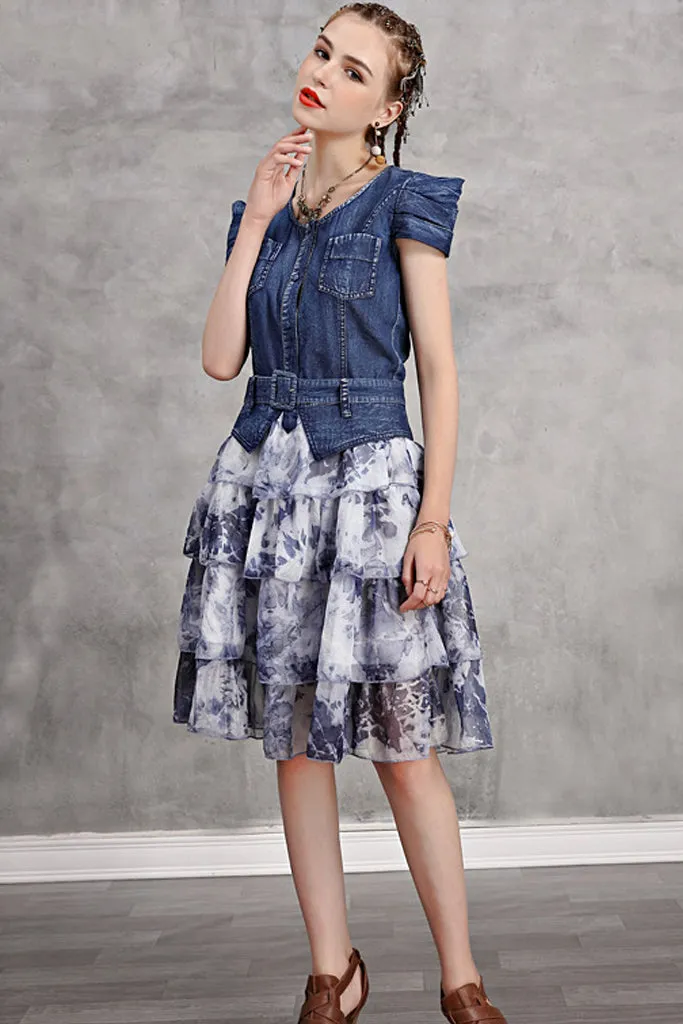 Cap Sleeve Denim Contrast Layered Dress