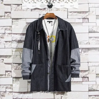 Casual Denim with Black Patchwork Men Loose Outer