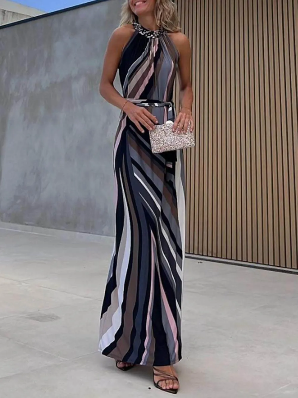 Casual Loose Halterneck Striped Graceful Gradient Print Maxi Dress