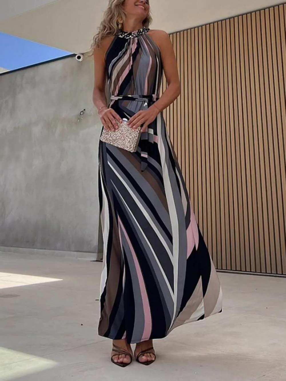 Casual Loose Halterneck Striped Graceful Gradient Print Maxi Dress