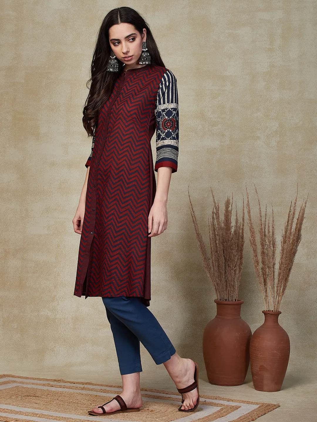 Chevron Printed A-line Kurta - Maroon